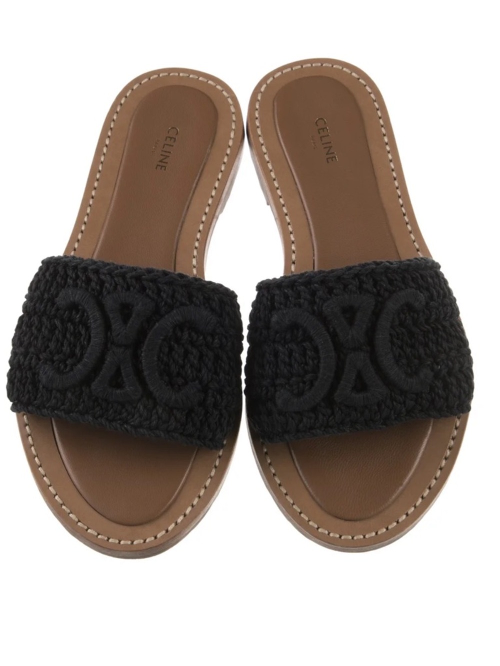 Celine Black Raffia Braided Logo Slide Sandals